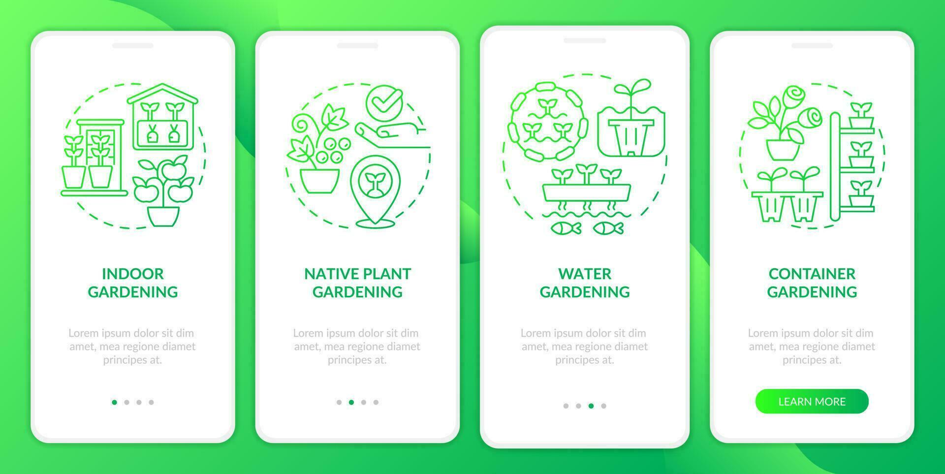 Gardening types green gradient onboarding mobile app screen. Agriculture walkthrough 4 steps graphic instructions with linear concepts. UI, UX, GUI template vector