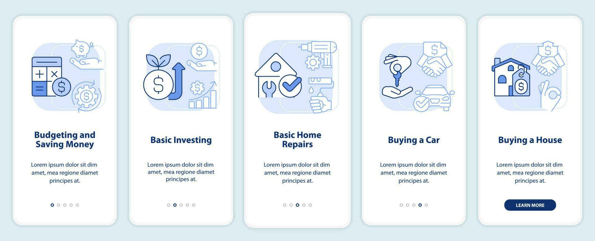 Important knowledges light blue onboarding mobile app screen. Skills walkthrough 5 steps editable graphic instructions with linear concepts. UI, UX, GUI template vector