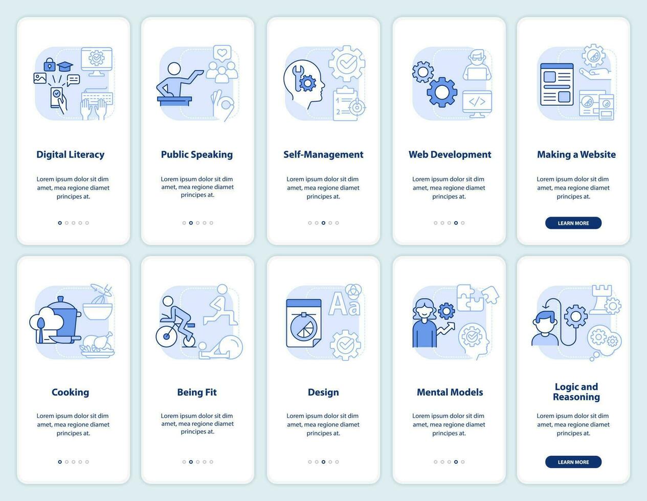 Important life skills light blue onboarding mobile app screen set. Walkthrough 5 steps editable graphic instructions with linear concepts. UI, UX, GUI template vector