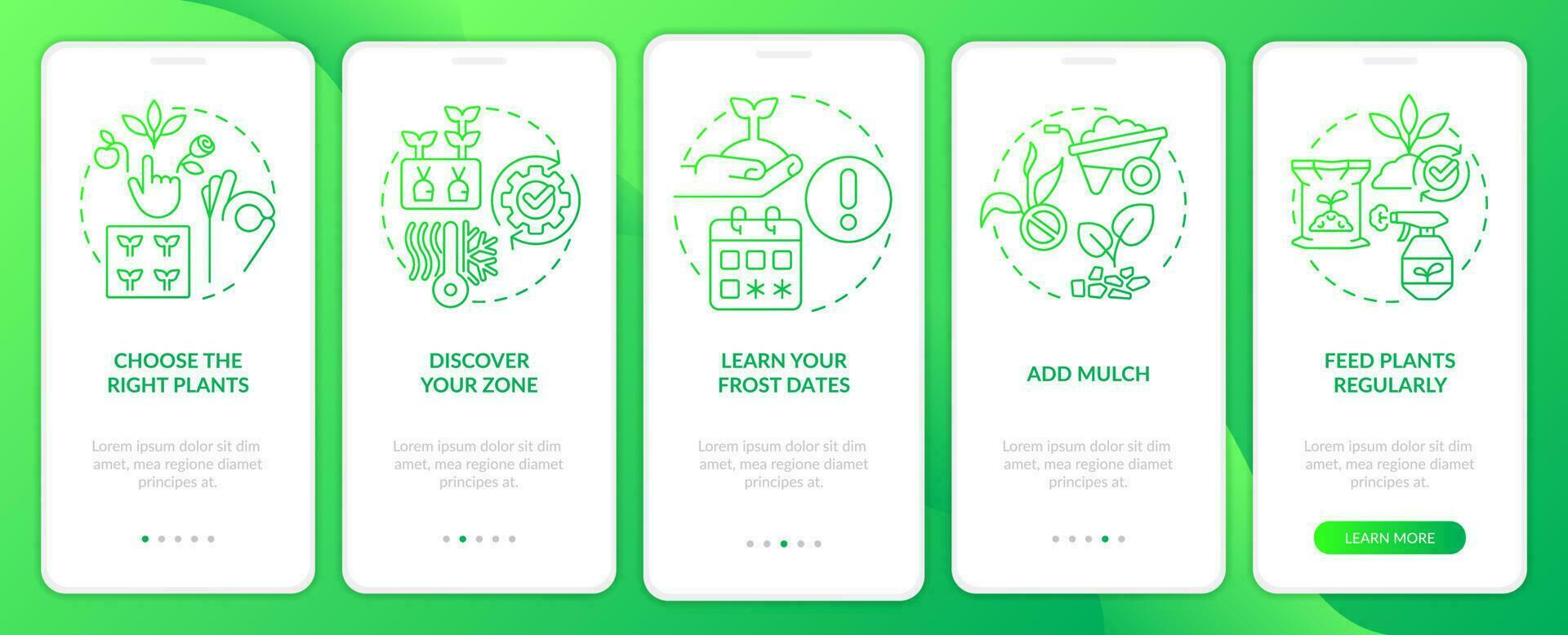 Tips for gardening green gradient onboarding mobile app screen. Plants growth walkthrough 5 steps graphic instructions with linear concepts. UI, UX, GUI template vector