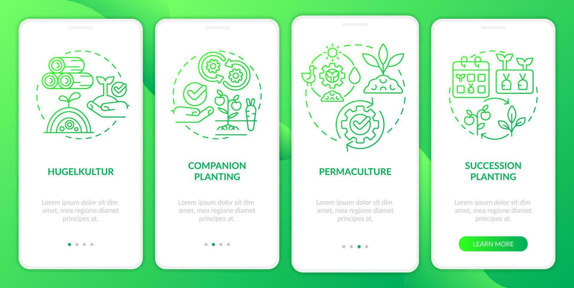 Methods of gardening green gradient onboarding mobile app screen. Planting walkthrough 4 steps graphic instructions with linear concepts. UI, UX, GUI template vector