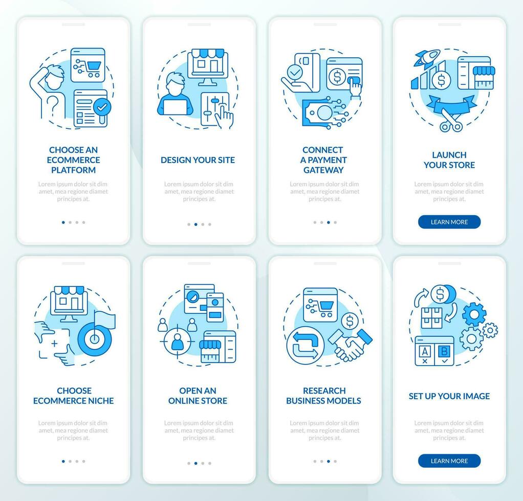 Online shop management blue onboarding mobile app screen set. Startup walkthrough 4 steps editable graphic instructions with linear concepts. UI, UX, GUI template vector