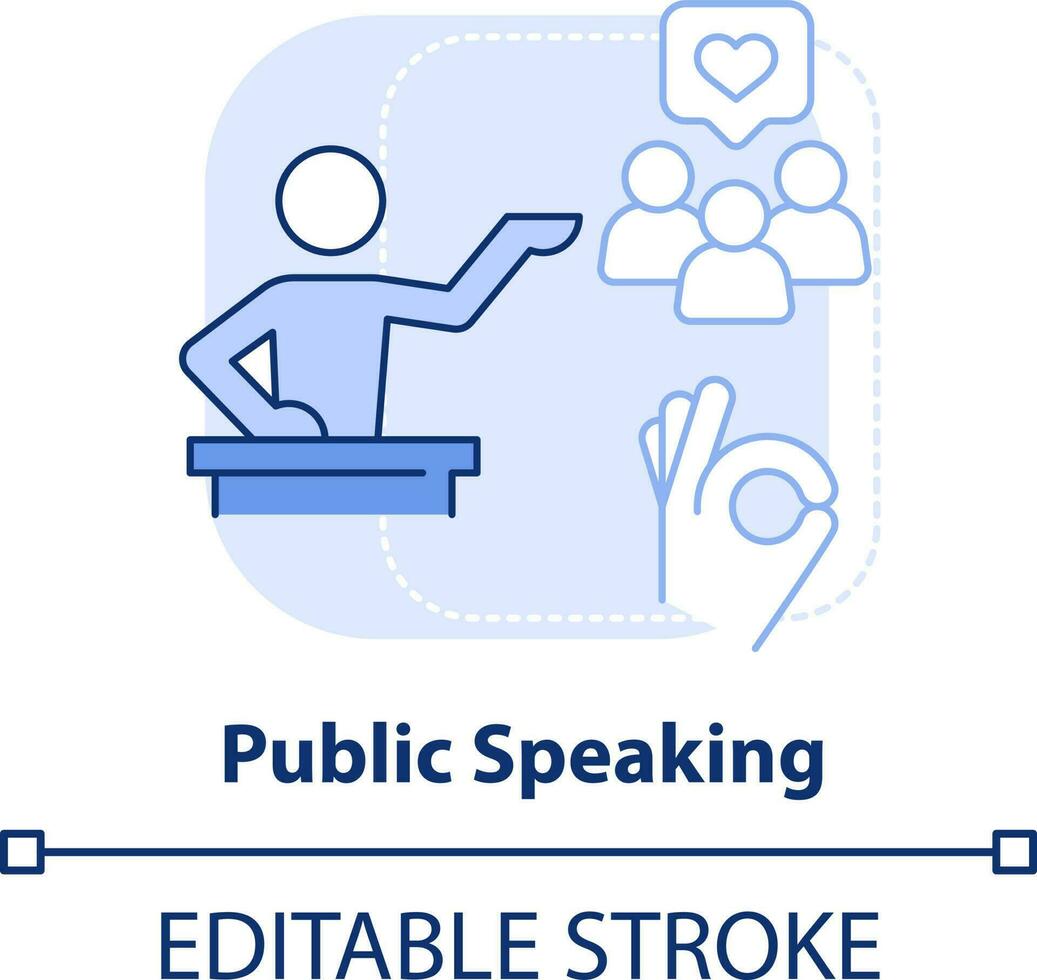 Public speaking light blue concept icon. Essential life skill abstract idea thin line illustration. Motivational speaker. Isolated outline drawing. Editable stroke vector