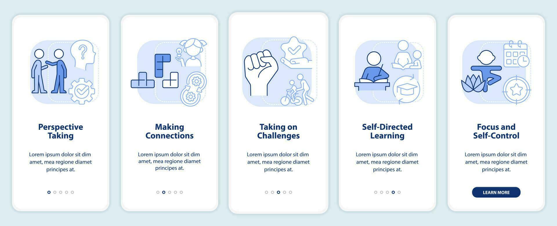 habilidades para niños ligero azul inducción móvil aplicación pantalla. desarrollo recorrido 5 5 pasos editable gráfico instrucciones con lineal conceptos. ui, ux, gui modelo vector