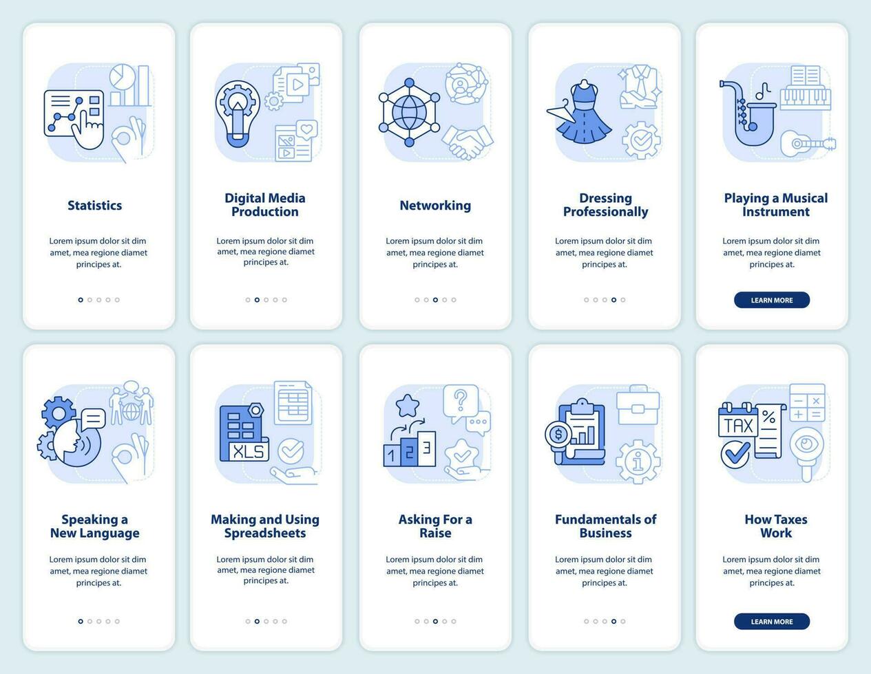 habilidades para vida ligero azul inducción móvil aplicación pantalla colocar. recorrido 5 5 pasos editable gráfico instrucciones con lineal conceptos. ui, ux, gui modelo vector