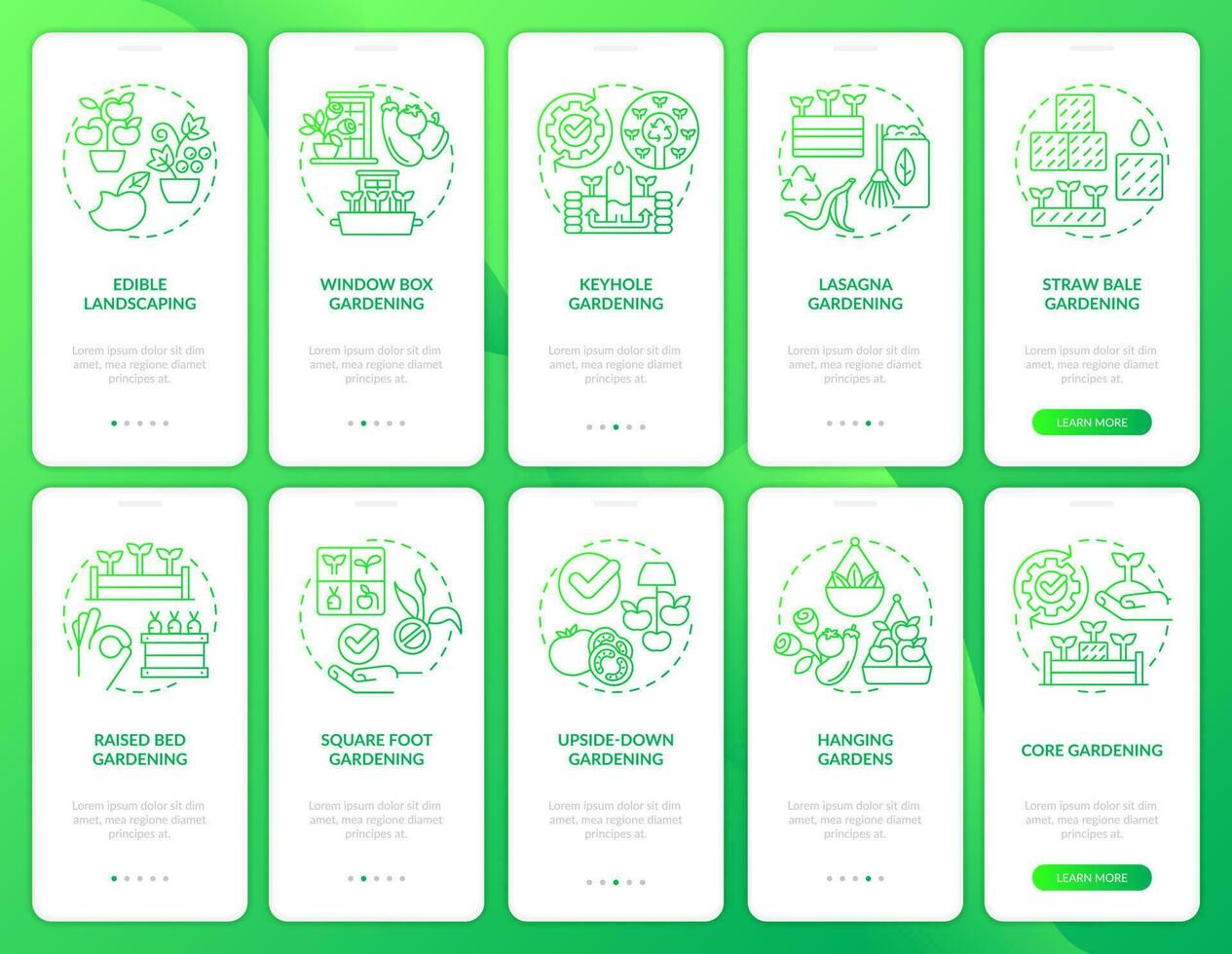 Gardening methods green gradient onboarding mobile app screen set. Planting walkthrough 5 steps graphic instructions with linear concepts. UI, UX, GUI template vector