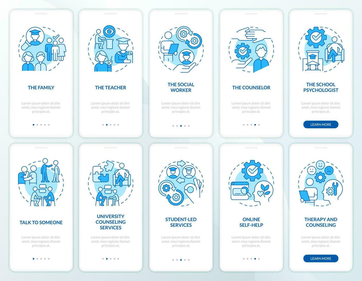Student mental health awareness blue onboarding mobile app screen set. Walkthrough 5 steps editable graphic instructions with linear concepts. UI, UX, GUI template vector