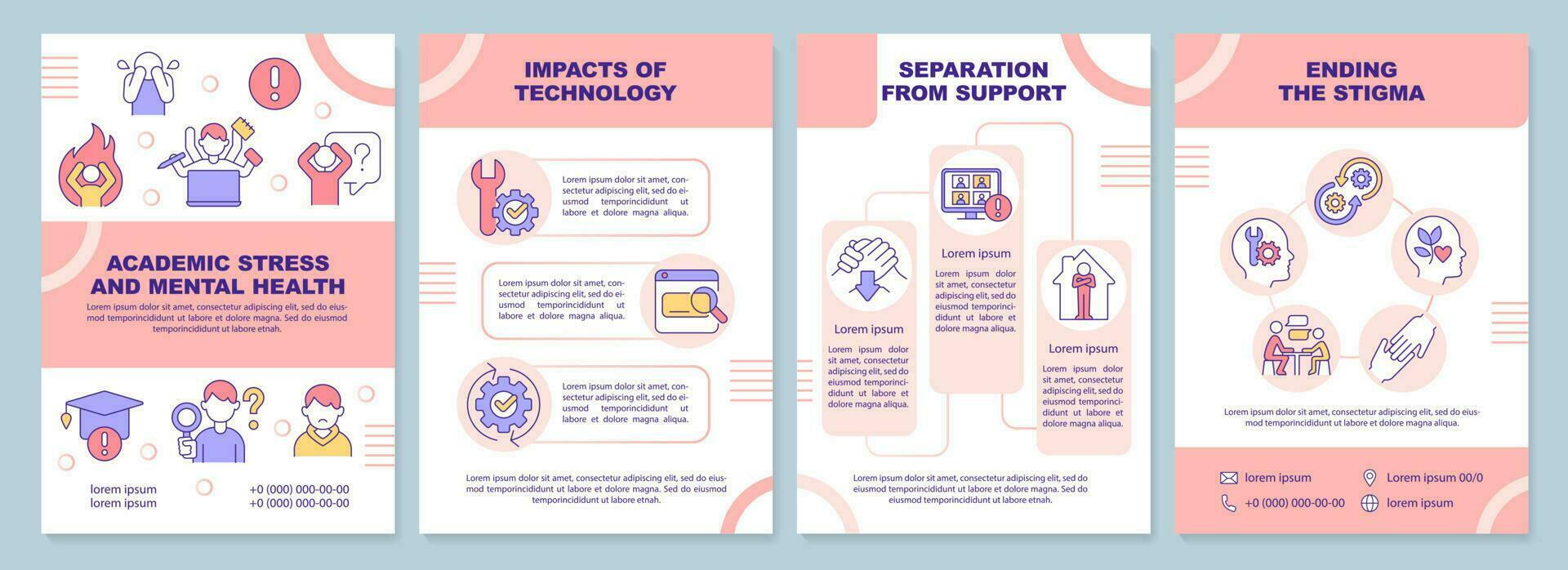 Academic stress and mental health pink brochure template. Leaflet design with linear icons. Editable 4 vector layouts for presentation, annual reports