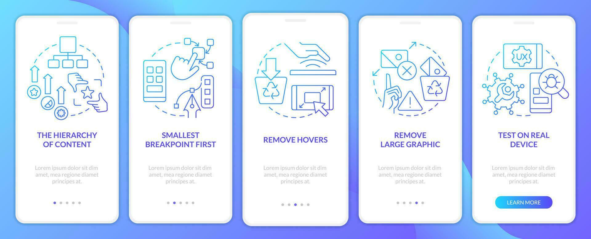Mobile first design process blue gradient onboarding mobile app screen. Walkthrough 5 steps graphic instructions with linear concepts. UI, UX, GUI template vector