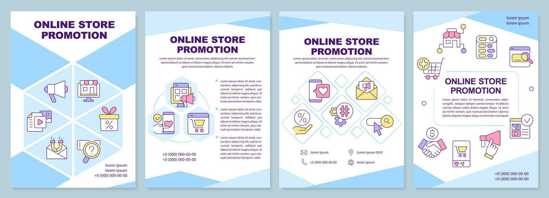 Online store promotion turquoise brochure template. Leaflet design with linear icons. Editable 4 vector layouts for presentation, annual reports