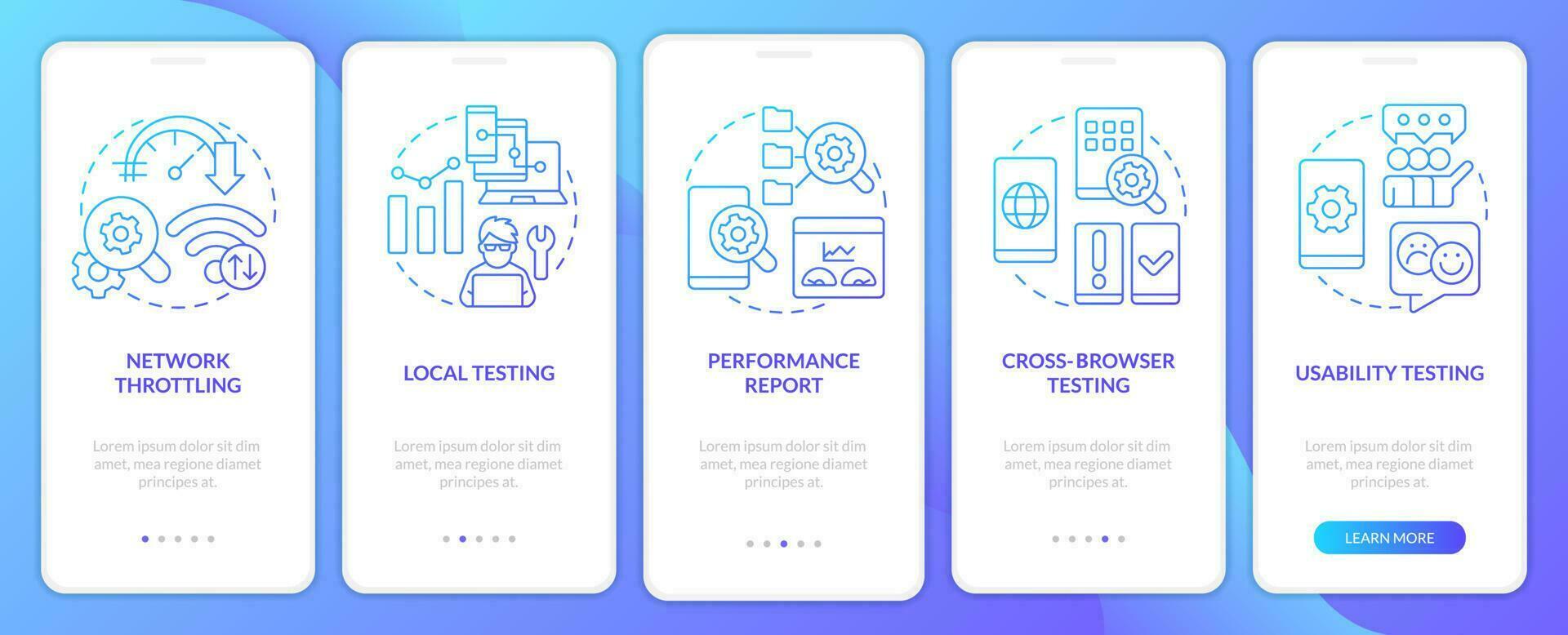 Mobile first design testing blue gradient onboarding mobile app screen. Walkthrough 5 steps graphic instructions with linear concepts. UI, UX, GUI template vector