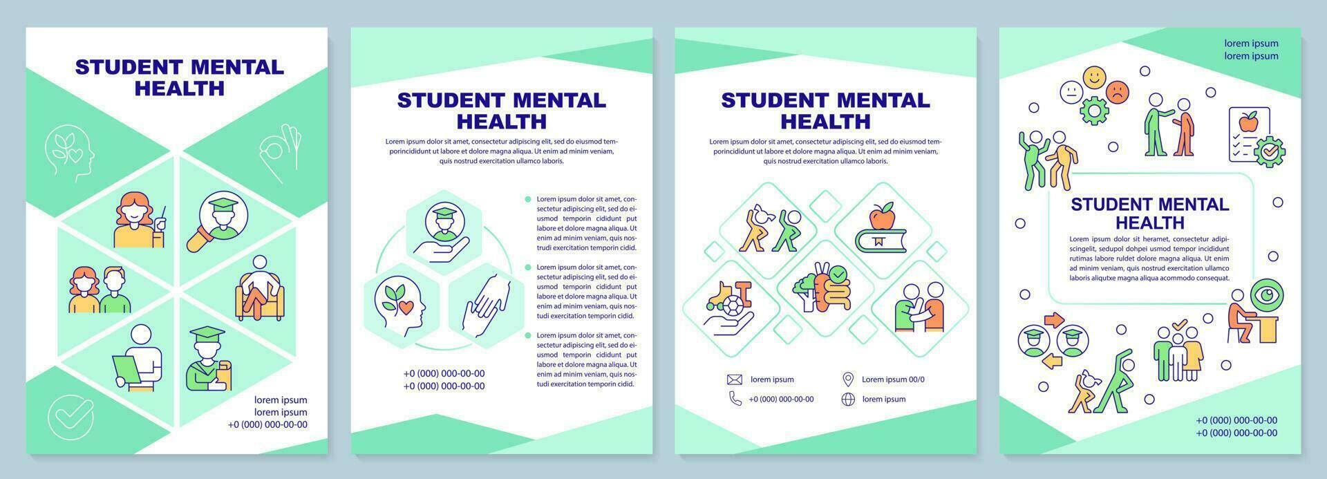 Student mental health mint brochure template. School counselor. Leaflet design with linear icons. Editable 4 vector layouts for presentation, annual reports