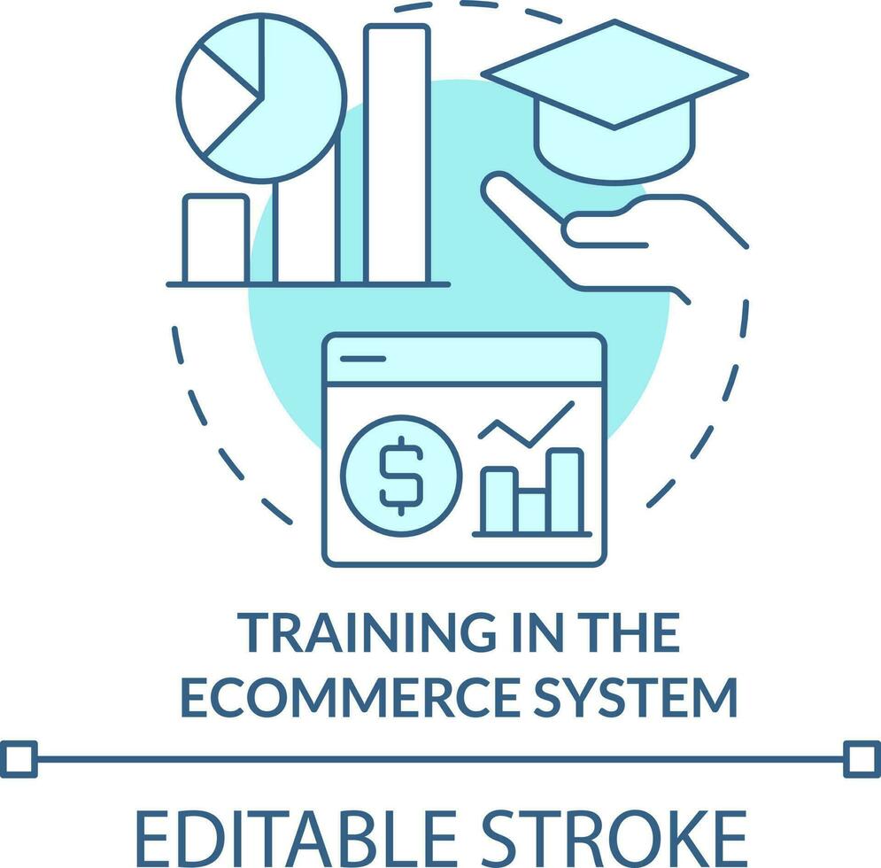 Training in ecommerce system turquoise concept icon. Online shop management service abstract idea thin line illustration. Isolated outline drawing. Editable stroke vector