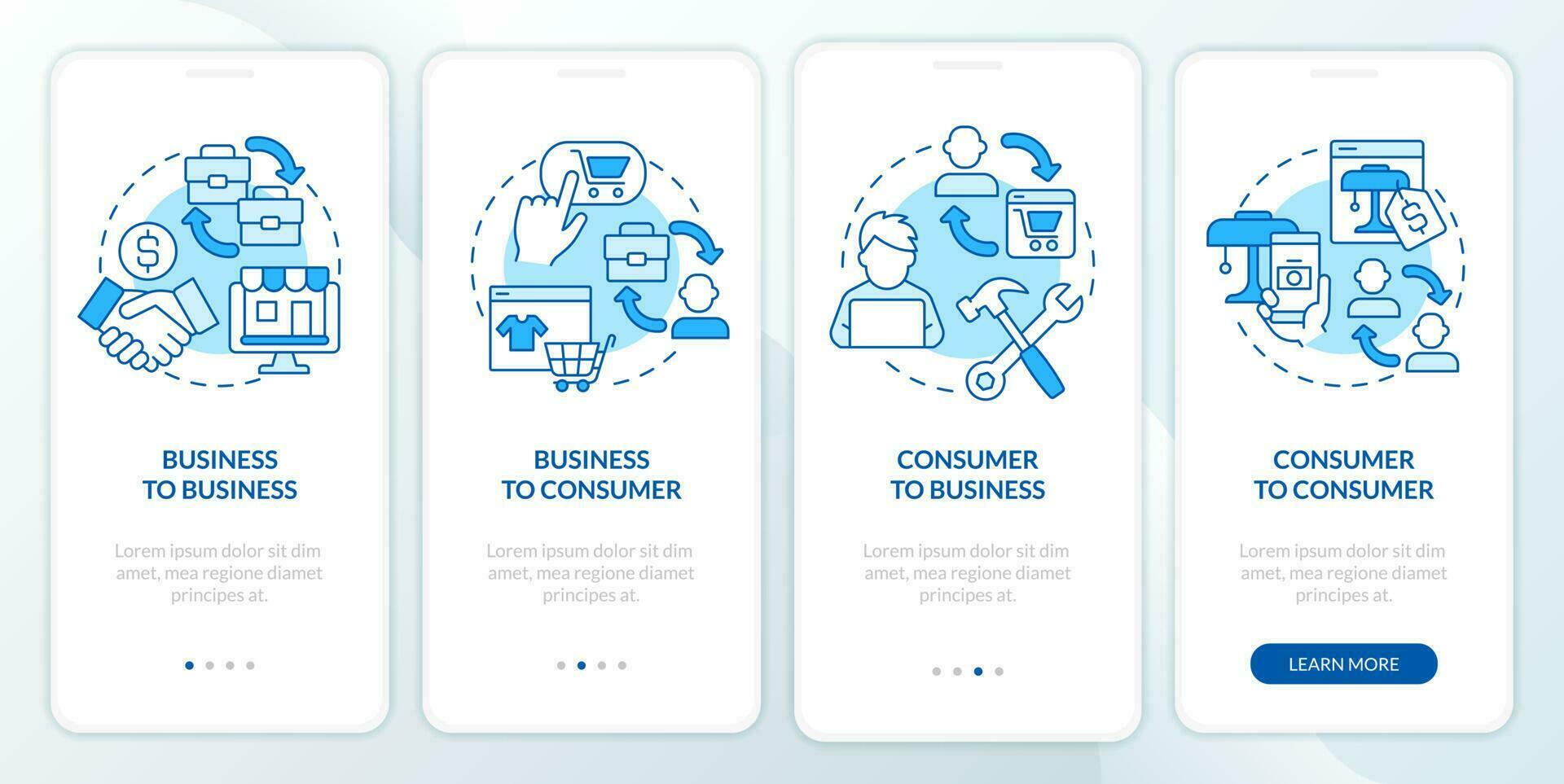 Online business models blue onboarding mobile app screen. Walkthrough 4 steps editable graphic instructions with linear concepts. UI, UX, GUI template vector