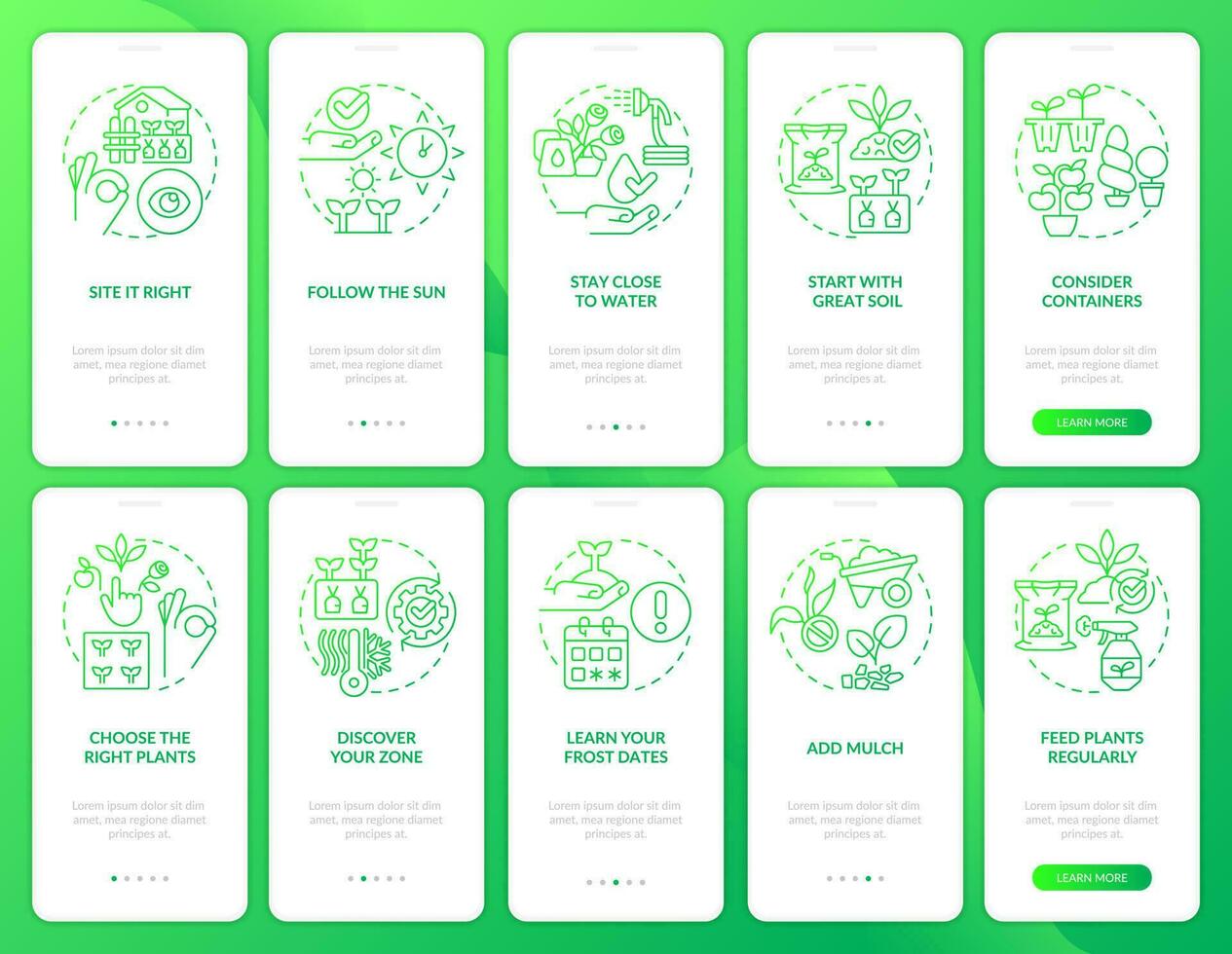 Gardening tips green gradient onboarding mobile app screen set. Horticulture walkthrough 5 steps graphic instructions with linear concepts. UI, UX, GUI template vector