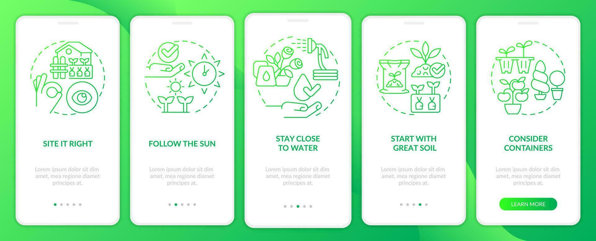 Gardening tips green gradient onboarding mobile app screen. Successful planting walkthrough 5 steps graphic instructions with linear concepts. UI, UX, GUI template vector