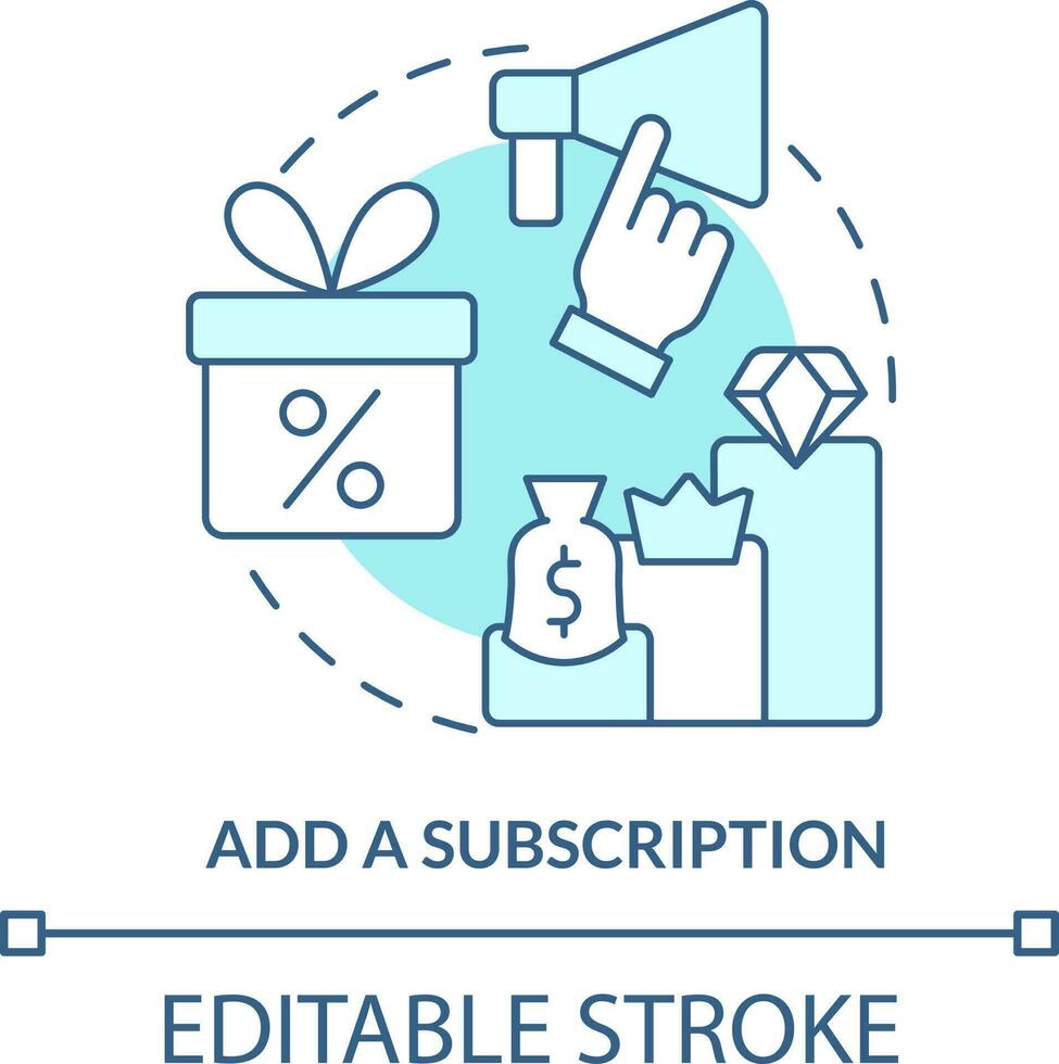 Add subscription turquoise concept icon. Regular purchase. Optimizing online business abstract idea thin line illustration. Isolated outline drawing. Editable stroke vector