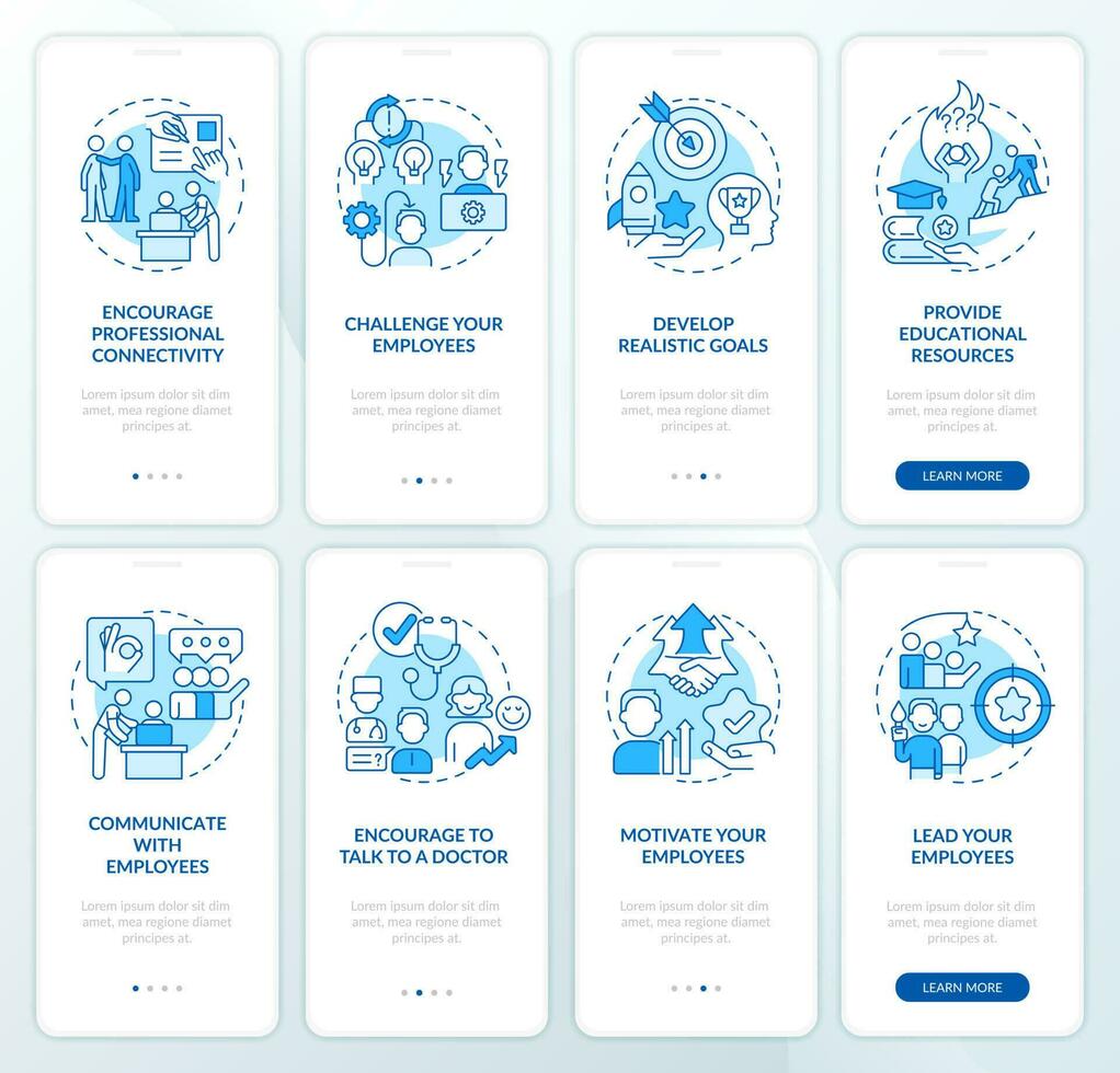Employee wellbeing blue onboarding mobile app screen set. Wellness walkthrough 4 steps editable graphic instructions with linear concepts. UI, UX, GUI template vector