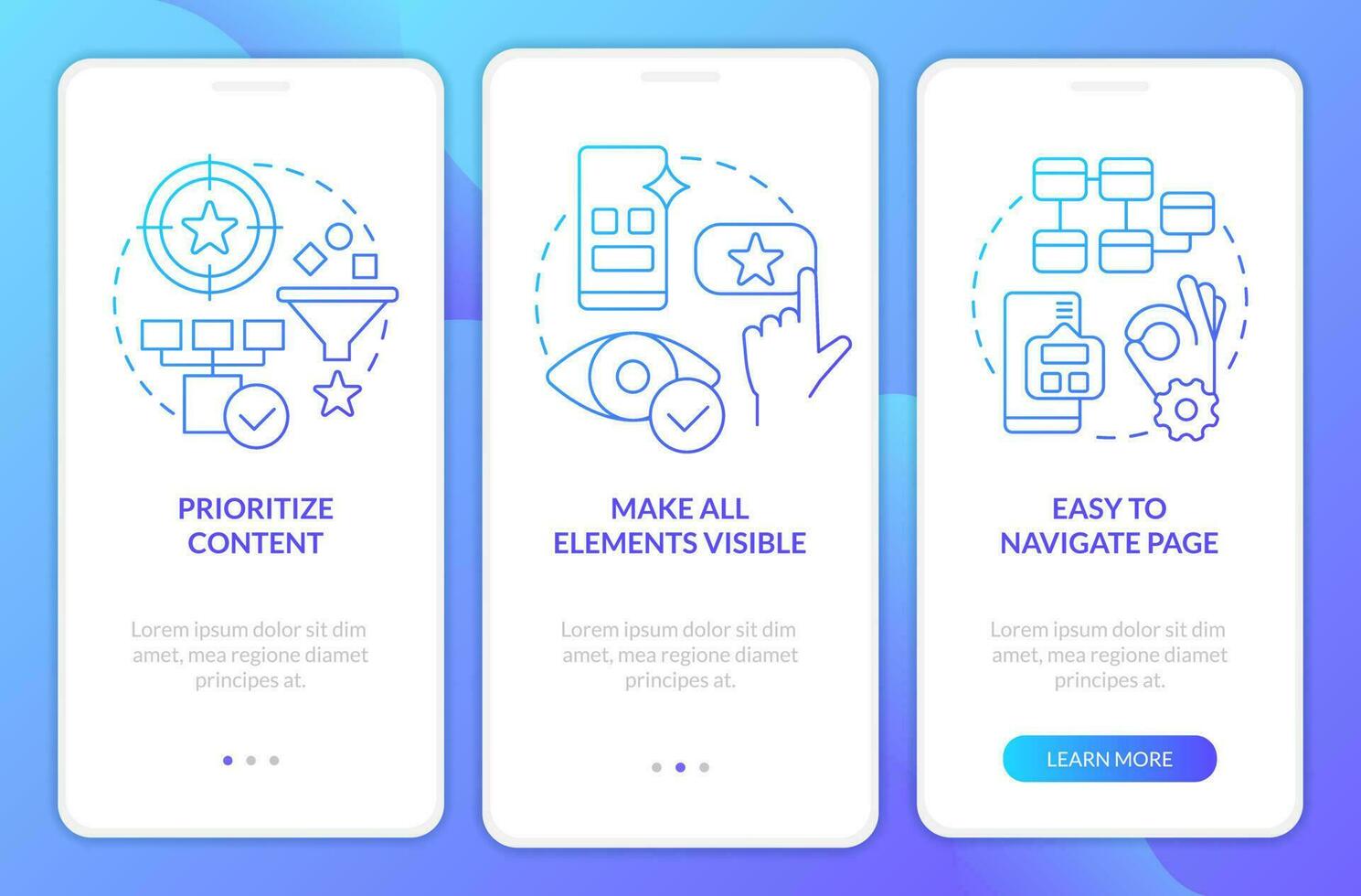 Mobile design recommendations blue gradient onboarding mobile app screen. Walkthrough 3 steps graphic instructions with linear concepts. UI, UX, GUI template vector