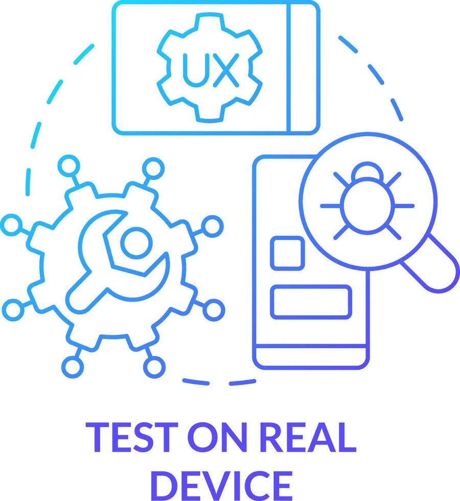 Test on real device blue gradient concept icon. Errors research. Mobile first design process abstract idea thin line illustration. Isolated outline drawing vector