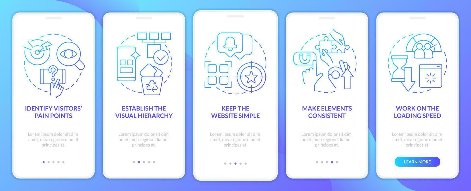 Mobile first key elements blue gradient onboarding mobile app screen. Walkthrough 5 steps graphic instructions with linear concepts. UI, UX, GUI template vector