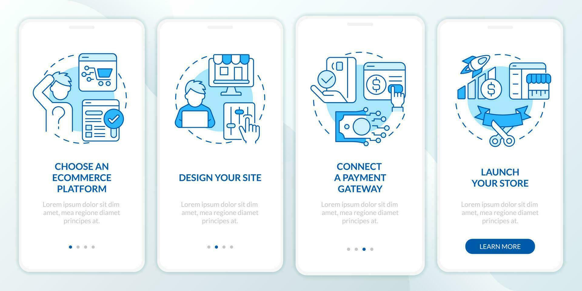 Starting online store blue onboarding mobile app screen. Walkthrough 4 steps editable graphic instructions with linear concepts. UI, UX, GUI template vector