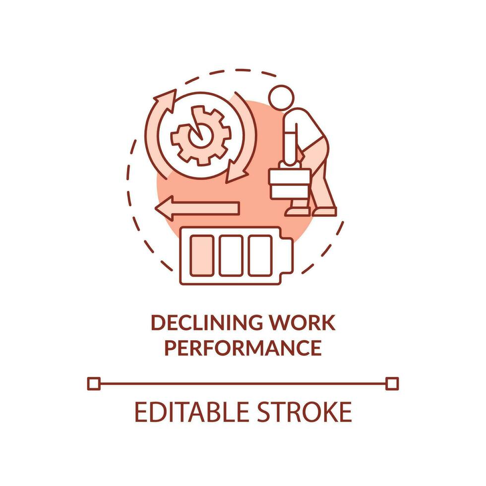 Low energy employees red concept icon. Poor performance. Burnout at workplace abstract idea thin line illustration. Isolated outline drawing. Editable stroke vector