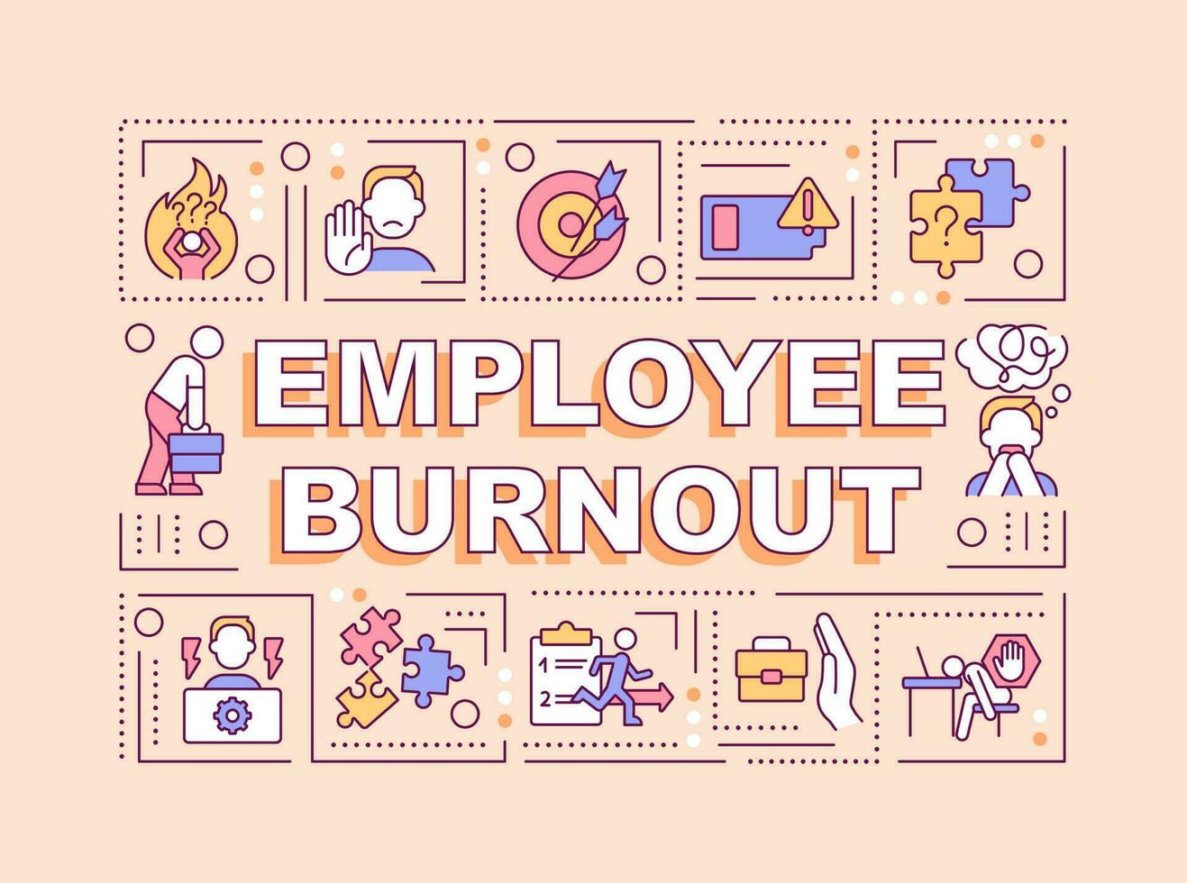 Employee burnout word concepts peachy banner. Work-related stress. Infographics with editable icons on color background. Isolated typography. Vector illustration with text