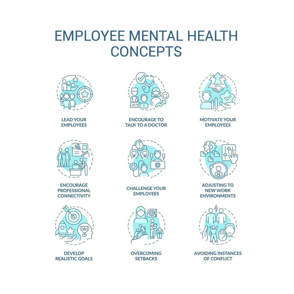 Mental health at workplace blue concept icons set. Employees wellbeing. Workforce resilience thin line color illustrations. Isolated symbols. Editable stroke vector