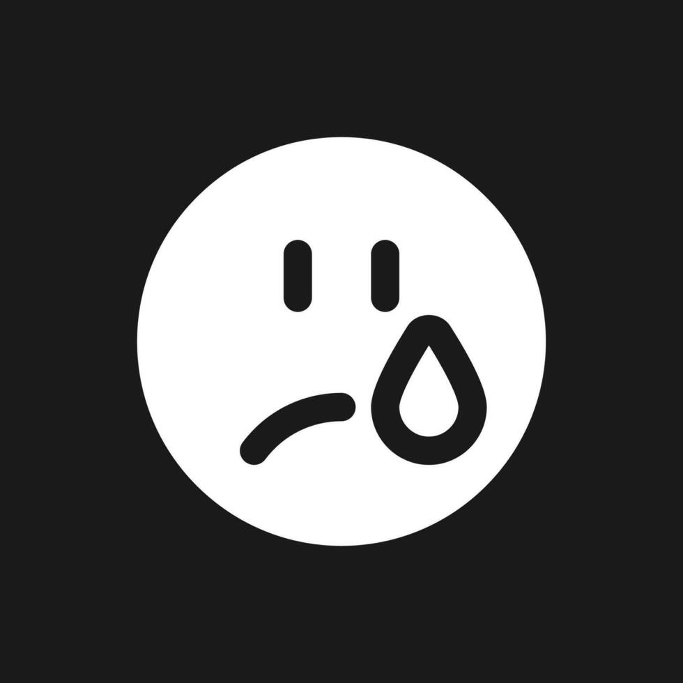 Crying face dark mode glyph ui icon. Depressed and unhappy face. User interface design. White silhouette symbol on black space. Solid pictogram for web, mobile. Vector isolated illustration