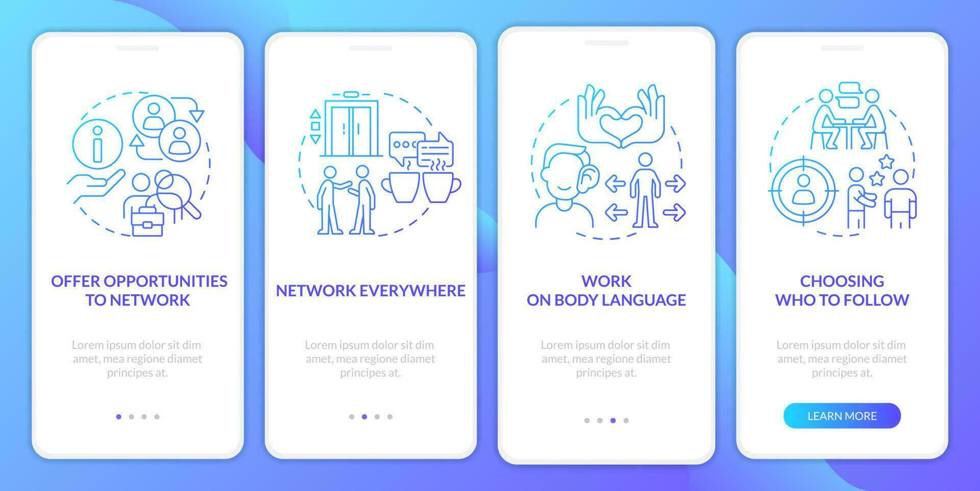 Improve networking skills blue gradient onboarding mobile app screen. Sociable walkthrough 4 steps graphic instructions with linear concepts. UI, UX, GUI template vector