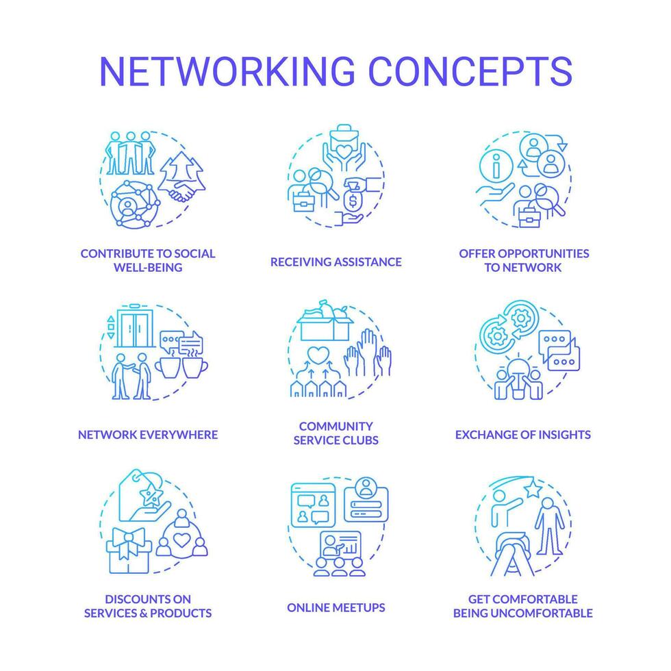 Networking blue gradient concept icons set. Increase professionals connections. Building partnership idea thin line color illustrations. Isolated symbols vector