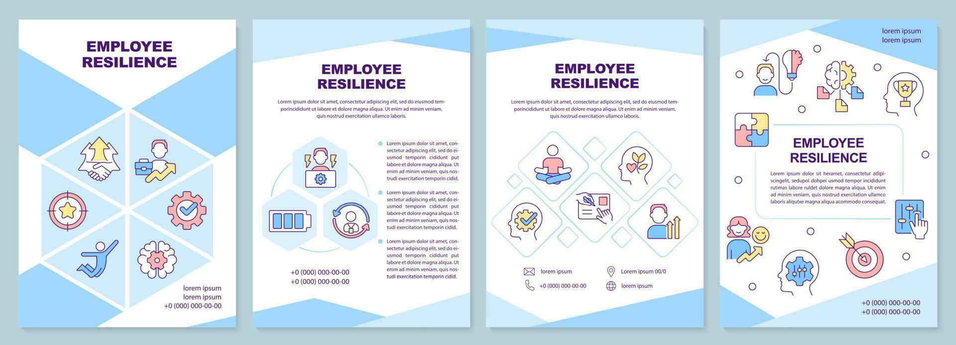 Workers resilience blue brochure template. Employee wellbeing. Leaflet design with linear icons. Editable 4 vector layouts for presentation, annual reports