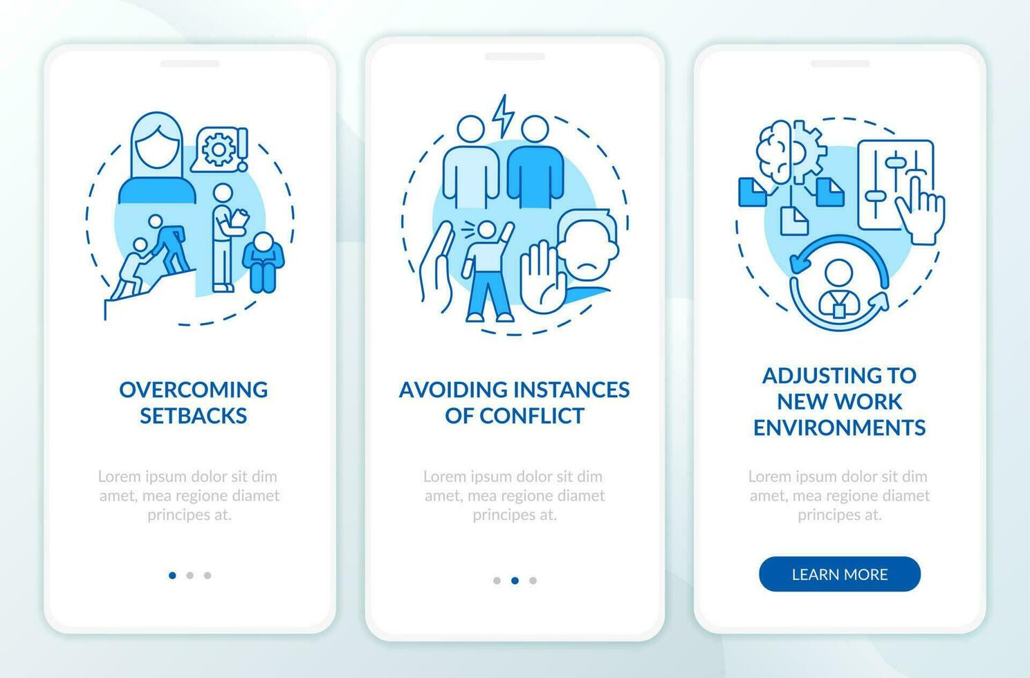 Resilient employees blue onboarding mobile app screen. HR leadership walkthrough 3 steps editable graphic instructions with linear concepts. UI, UX, GUI template vector