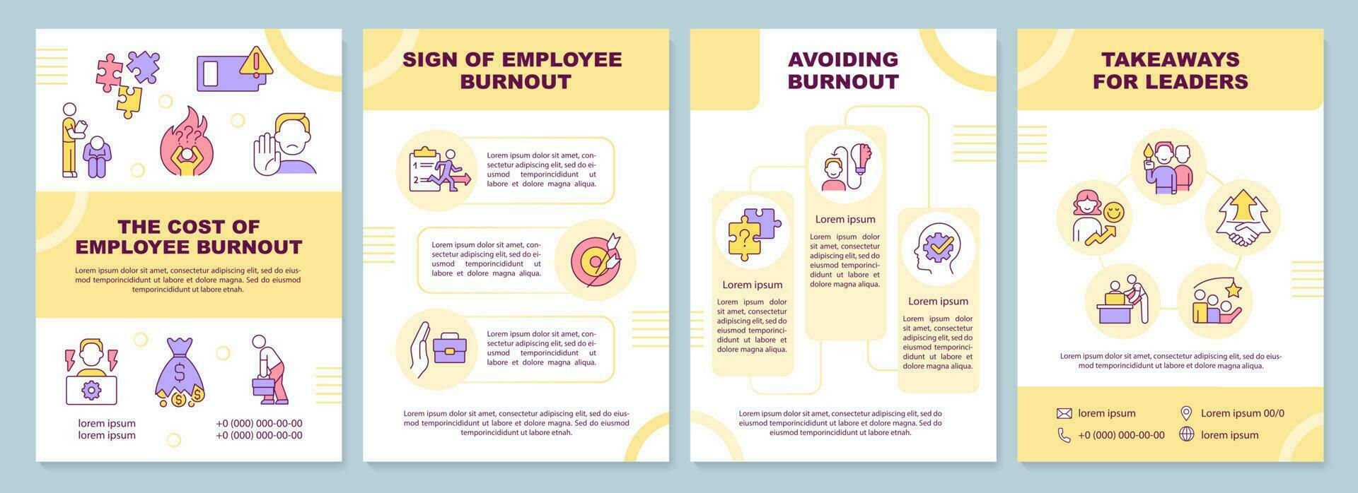 Employee burnout impact yellow brochure template. HR care. Leaflet design with linear icons. Editable 4 vector layouts for presentation, annual reports
