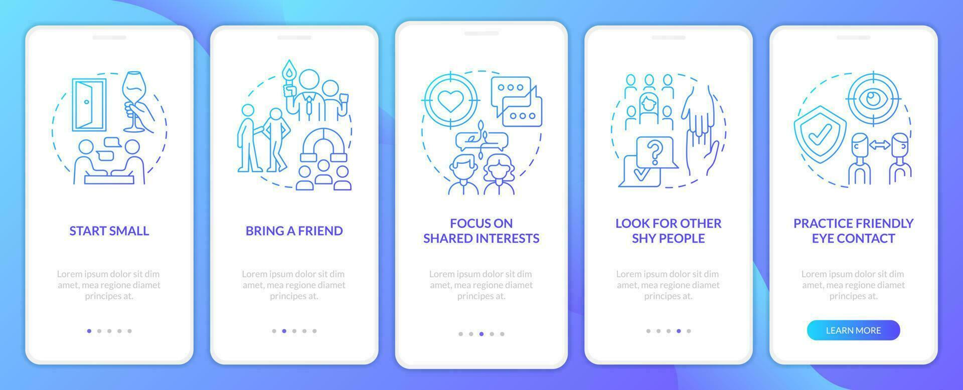 Networking tips for introverts blue gradient onboarding mobile app screen. Walkthrough 5 steps graphic instructions with linear concepts. UI, UX, GUI template vector