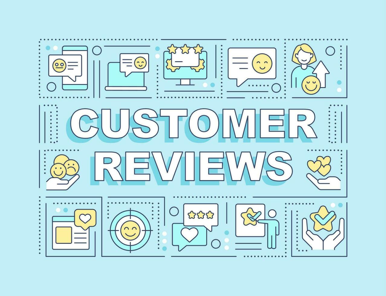 Customer reviews word concepts blue banner. Increase credibility. Infographics with editable icons on color background. Isolated typography. Vector illustration with text
