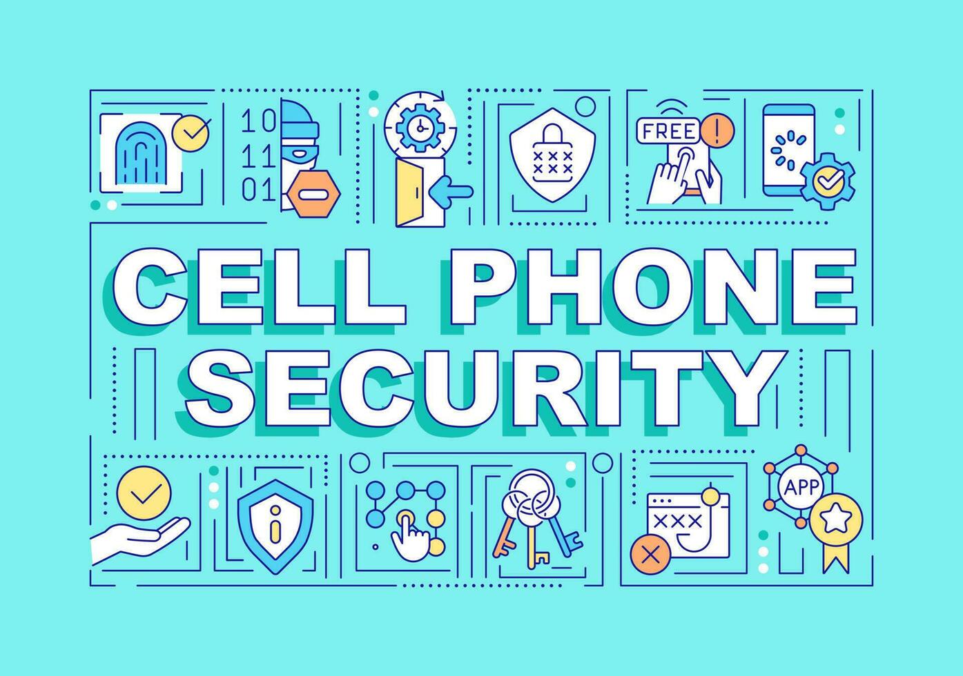 Cell phone security word concepts turquoise banner. Smartphone safety. Infographics with editable icons on color background. Isolated typography. Vector illustration with text
