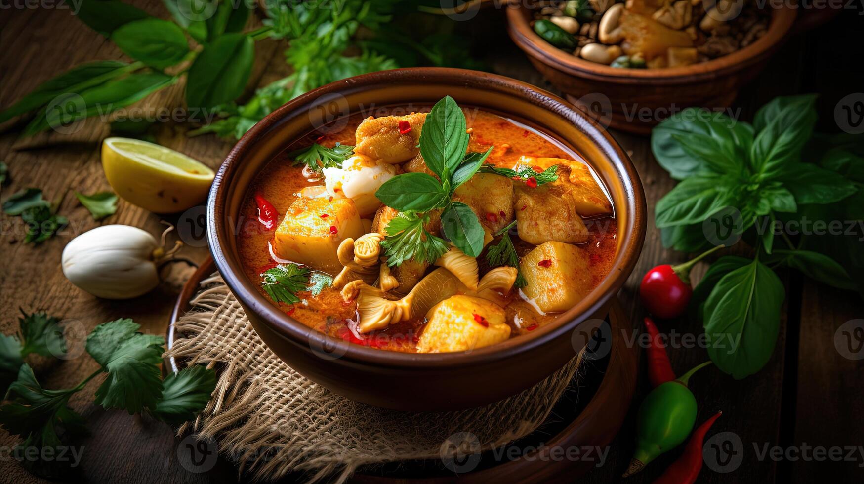 Food Photography of Chicken Massaman Curry in Bamboo or Ceramic Bowl, Fragment Herbs and Lemon Slice on Wooden Table. Technology. photo