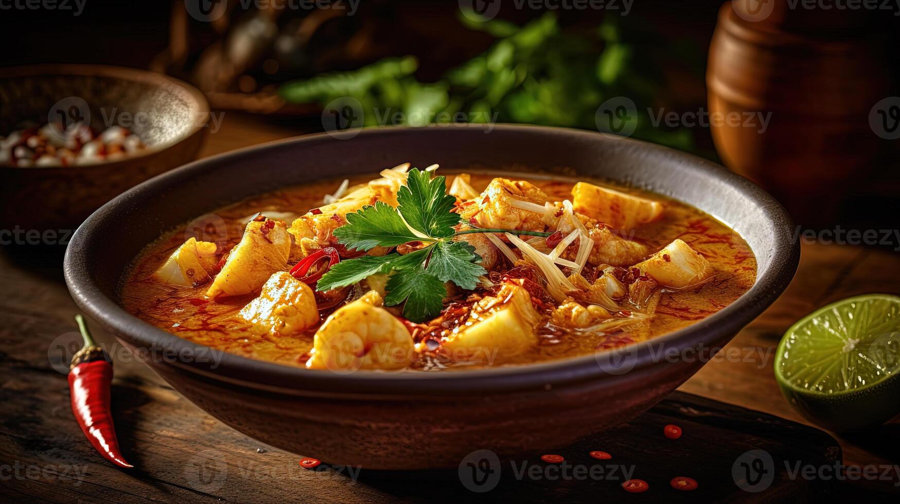 Food Photography of Chicken Massaman Curry in Bamboo or Ceramic Bowl on Wooden Table. Technology. photo
