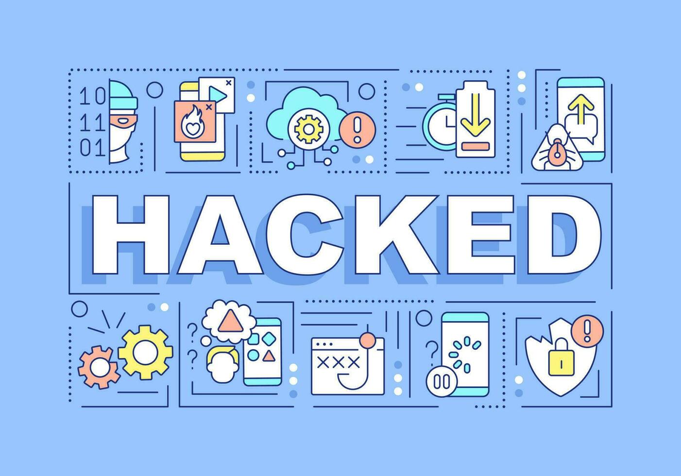 Hacked word concepts blue banner. Social engineering attack. Infographics with editable icons on color background. Isolated typography. Vector illustration with text