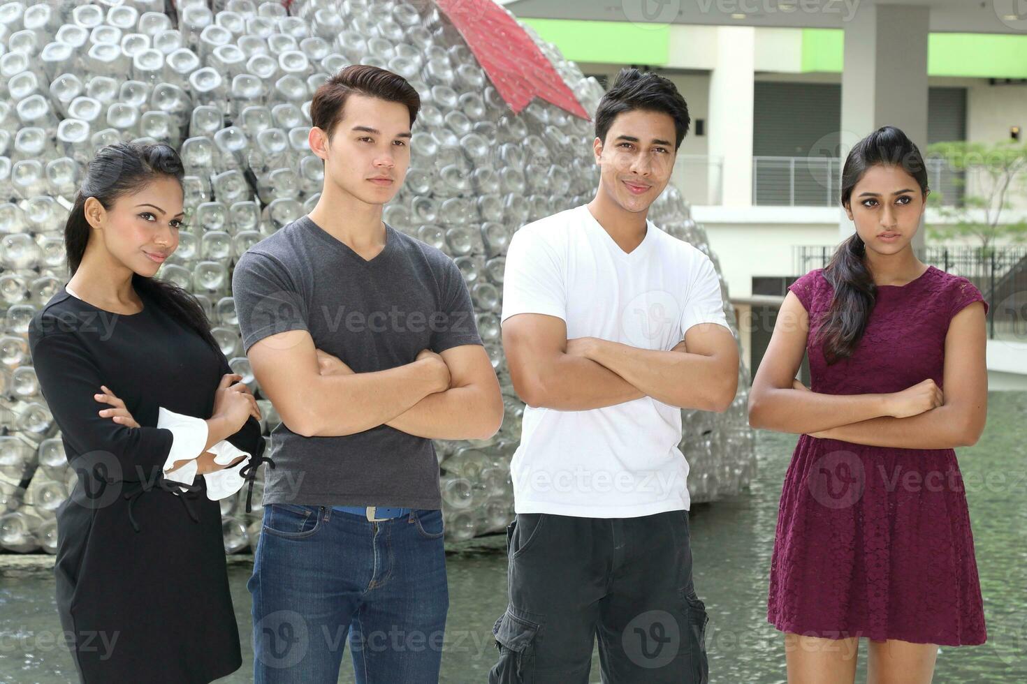 Asian young man woman friend student colleagues outdoor active work study relax photo