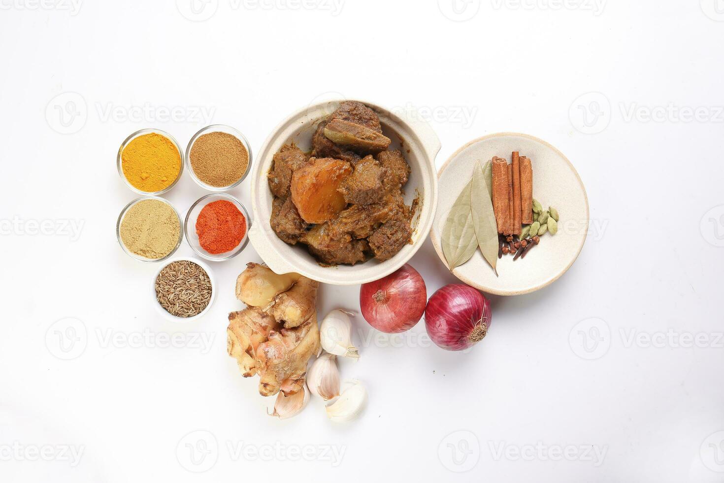 Beef bhuna dry curry with potato in ceramic bowl ingredients chilli cumin coriander turmeric powered salt onion garlic ginger bay leaf cinnamon cardamom clove over white background photo