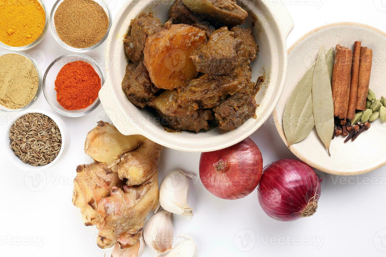 Beef bhuna dry curry with potato in ceramic bowl ingredients chilli cumin coriander turmeric powered salt onion garlic ginger bay leaf cinnamon cardamom clove over white background photo