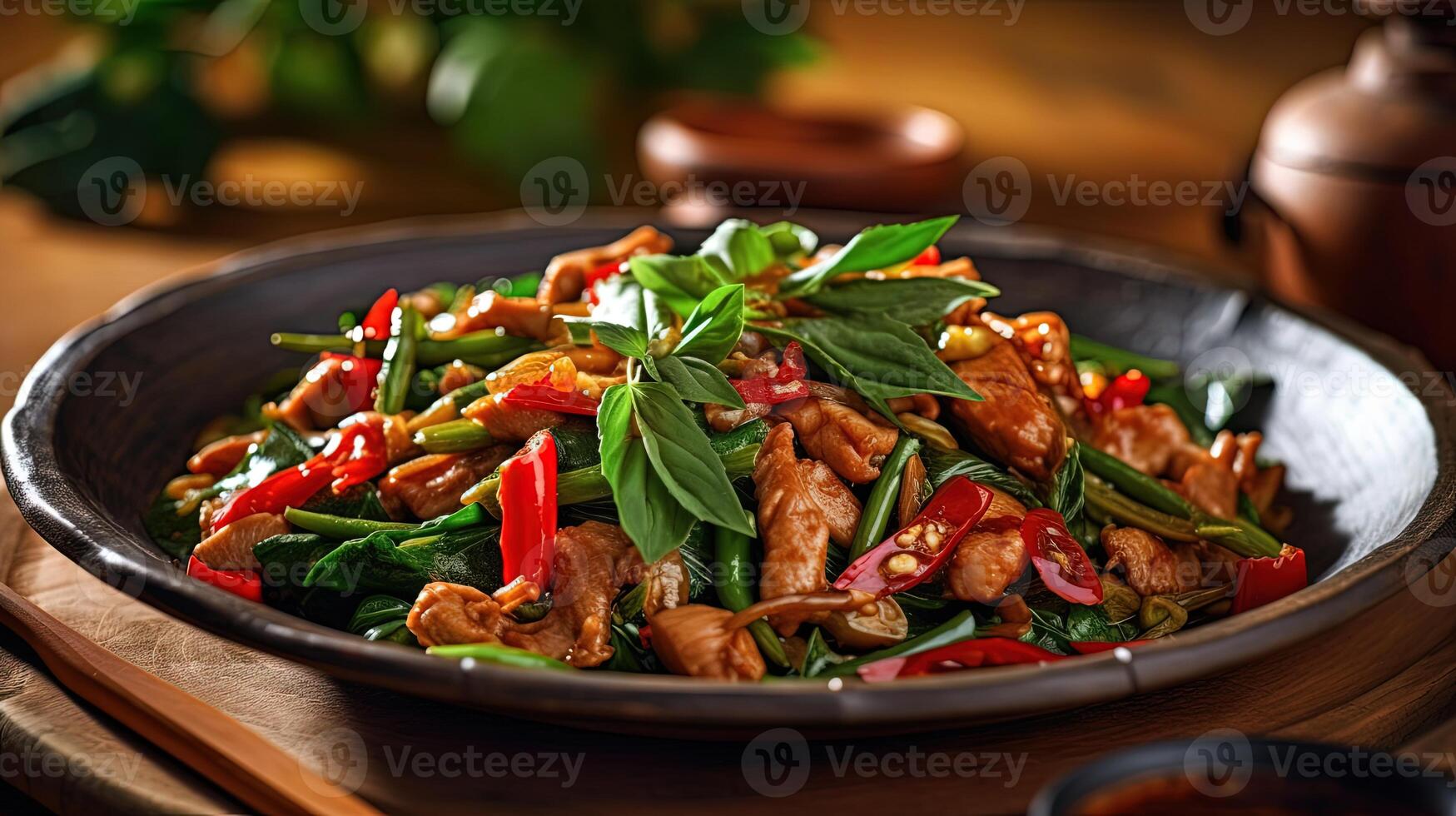 Food Photography of Spicy Thai Basil Chicken on Plate at Wooden Table. Technology. photo