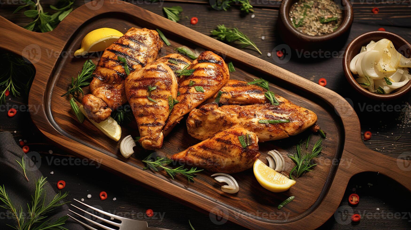 Top View of Juicy Grilled Chicken Tender Pieces Garnish Savory and Salad on Wooden Platter for Enjoying Dinner Celebration. . photo