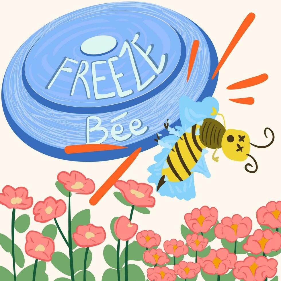flying disc hit the bee on funny humor joke expression. Flat vector illustration Hand drawn Clip Art