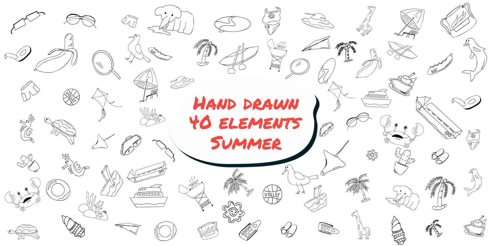Bundle of elements with the topic Summer. Simple hand drawn. Vector set. Ink illustration