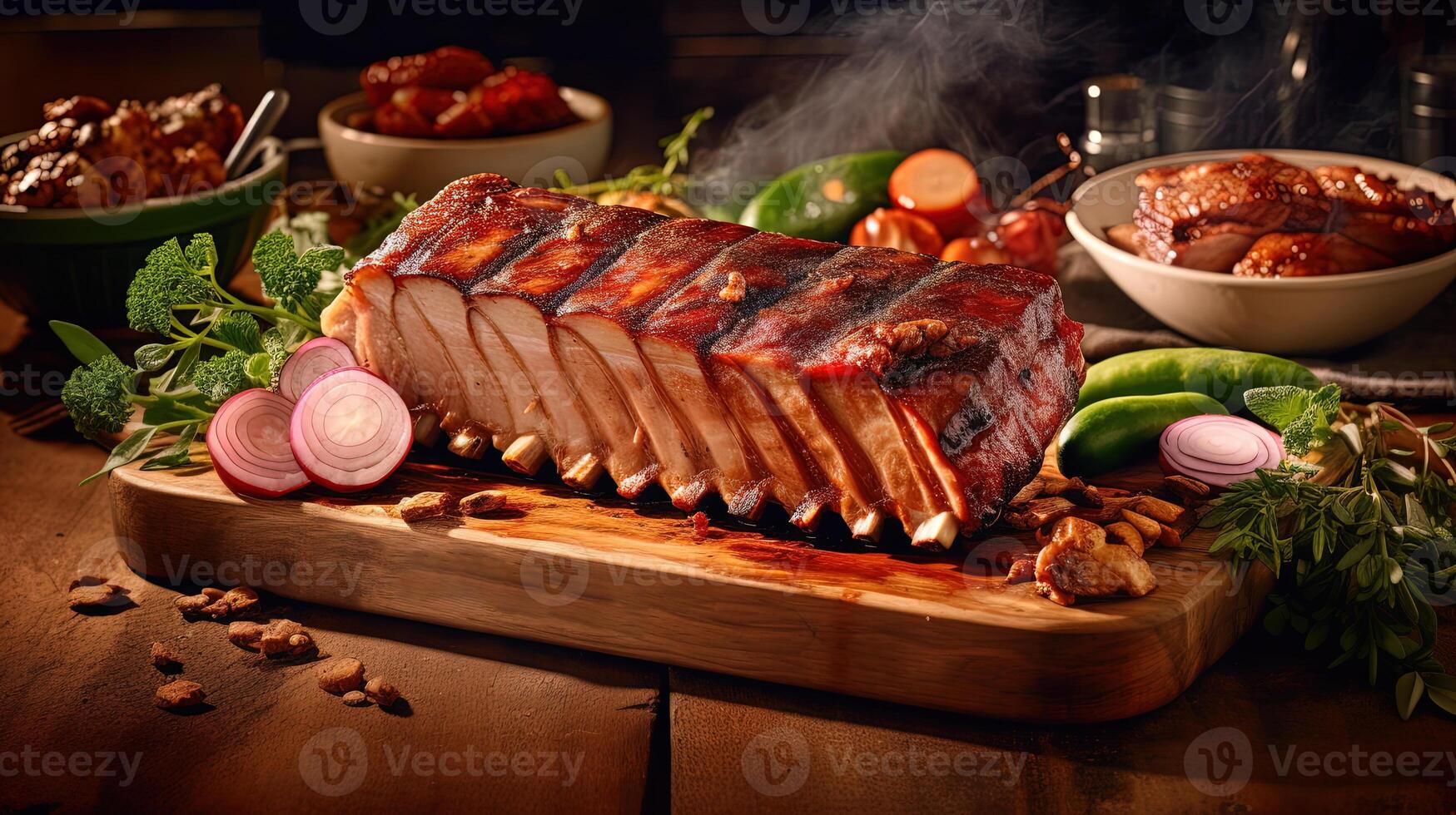 Closeup Image of Juicy Pork Grilled with Salad on Wooden Platter. . photo