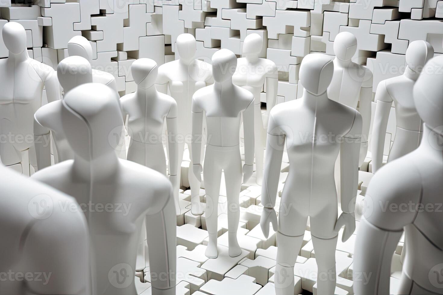 Human Figures or Mannequins on 3D White Puzzle Pieces Background. Created by Technology. photo